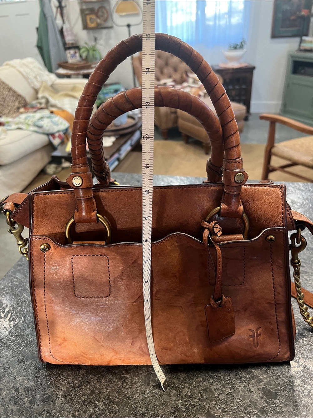 Frye Cognac Brown Leather Satchel with Chain-Leather Strap - Picture 15 of 16